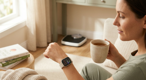 A person wearing a smartwatch health tracker, holding a warm cup of tea in a sunlit room. A bathroom scale is visible but blurred in the background, emphasizing health data over weight