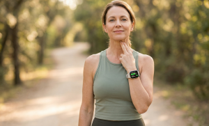 A middle-aged woman in comfortable activewear taking her pulse on her neck, while a smartwatch on her wrist displays a safe, green 'Heart Rate Zone' bar graph. The setting is a peaceful, tree-lined walking path